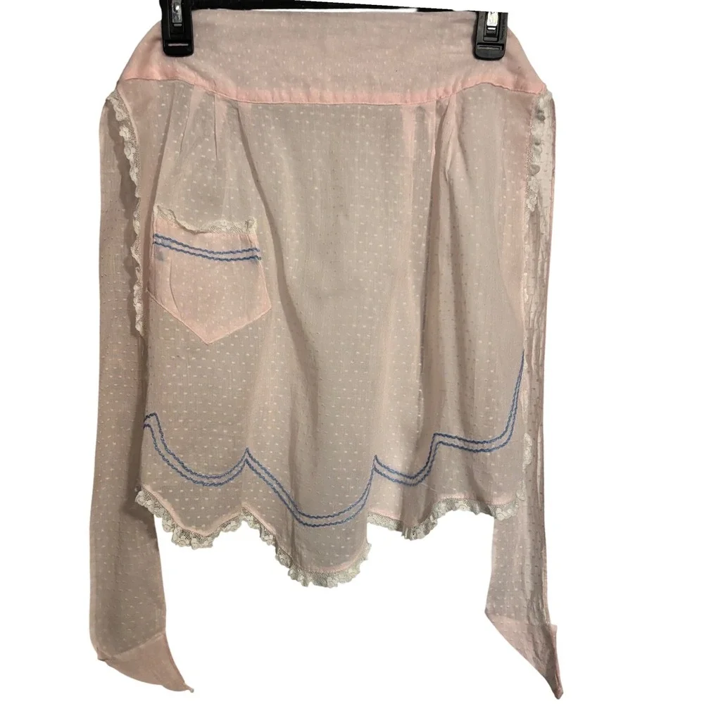 Vintage Pink Swiss Dot Lace Trim Scalloped Half Apron